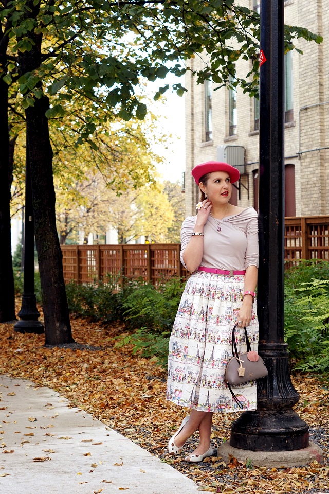 Winnipeg Style, Chicwish A Date with Paris printed midi skirt, Chicwish grey off the shoulder top, Kate Spade A cat